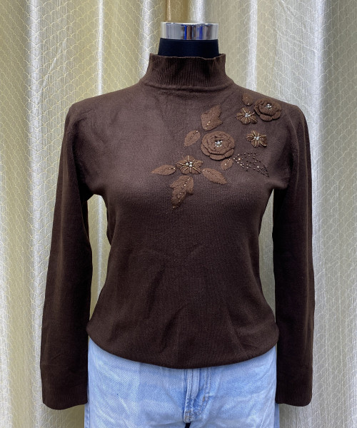 Brown with Flower Knitted Pullover