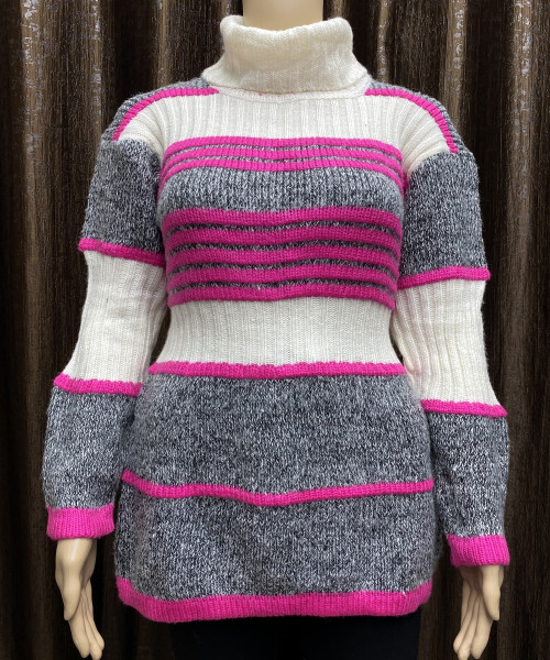 Grey With Pink High Neck Knitted Pullover