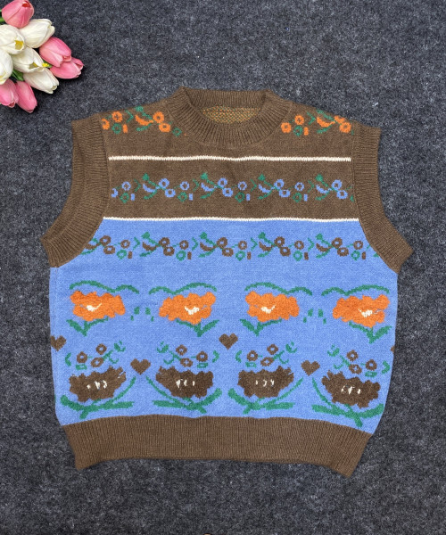 Brown Flower Printed Sweater Vest