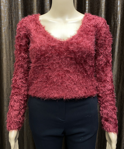 Maroon V Neck Fur Pullover