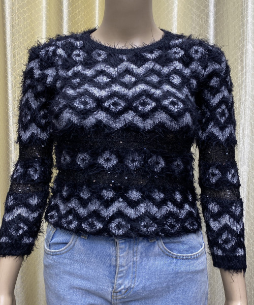 Black  Round  Neck Fur  Pullover