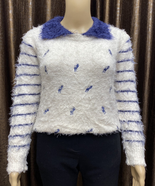 White With Blue Printed Fir Pullover