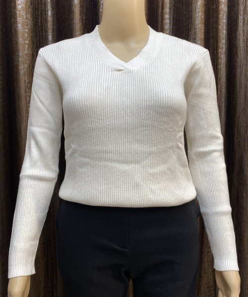 White V Neck Knitted  Top