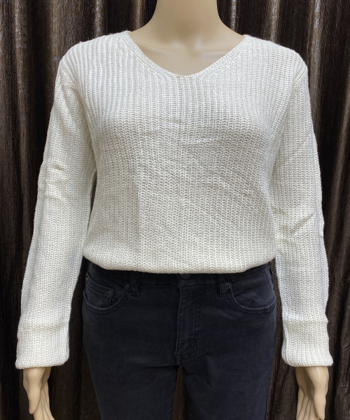 White V Neck Knitted  Pullover
