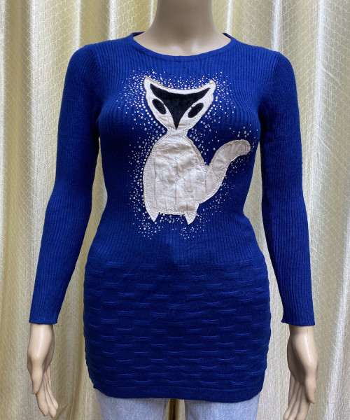 Navy Blue Cat Print Knitted Top