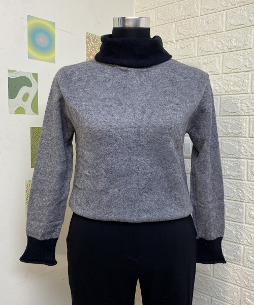 Grey With Black High Neck Knitted Pullover