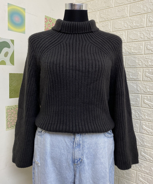 Women High Neck Black Knitted Top