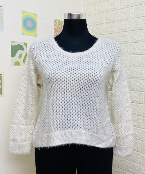 White Knitted Fur Winter Pullover