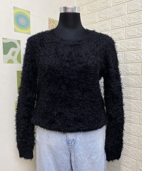 Black  Round  Neck  Fur Pullover