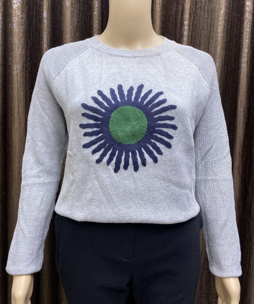 Grey With Blue Printed Knitted Pullover