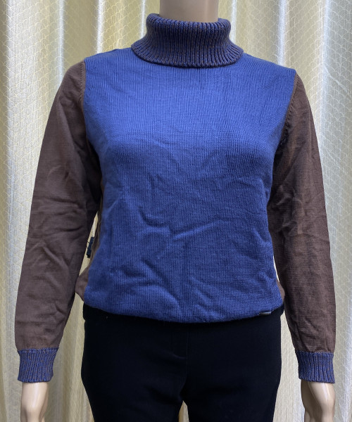 Brown With Blue High Neck Knitted Pullover