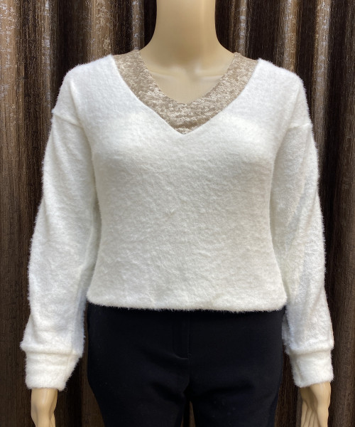 V Neck White Fur Top