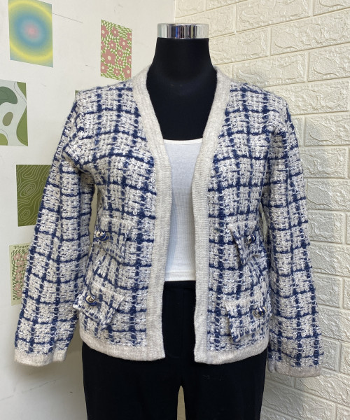 White With Blue Knitted Shrug