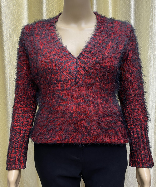 Red With Black Fur Design Knitted Top