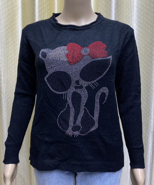 Black Knitted Pre Winter Top With Cat Design