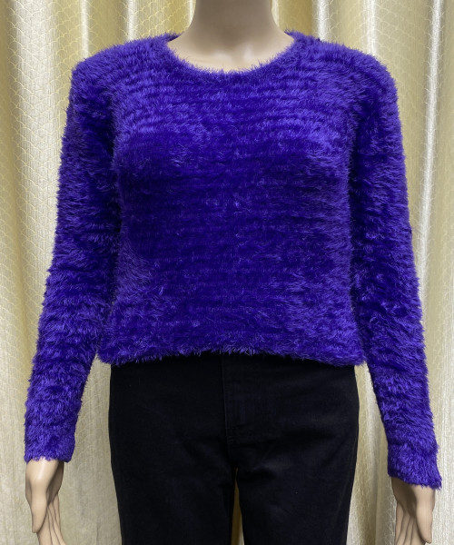 Blue Round  Neck Fur Top