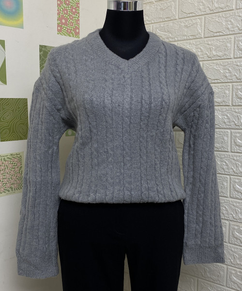 V Neck Grey Knitted Pullover