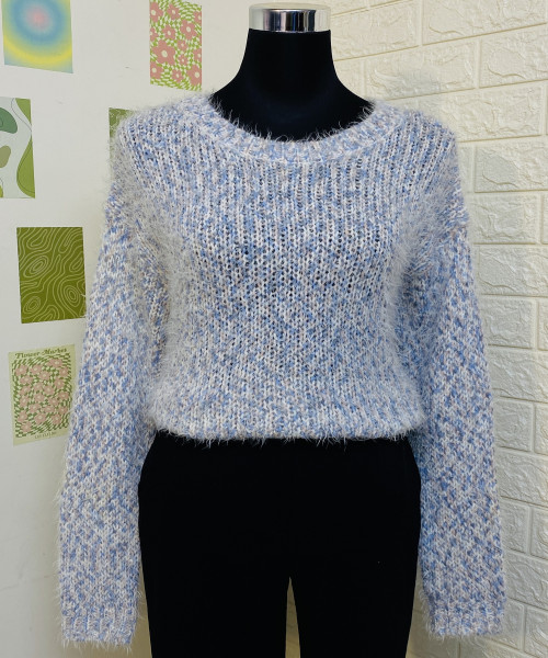 White With Blue Fur Pullover