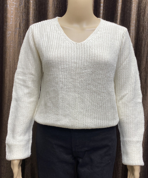White V Neck  Knitted  Pullover