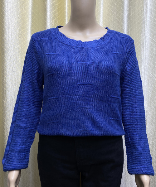 Round Neck Blue Knitted Pullover