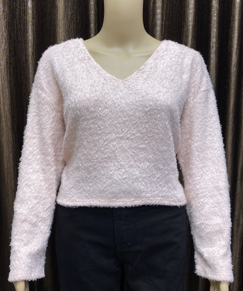 Light Pink V Neck Fur Pullover