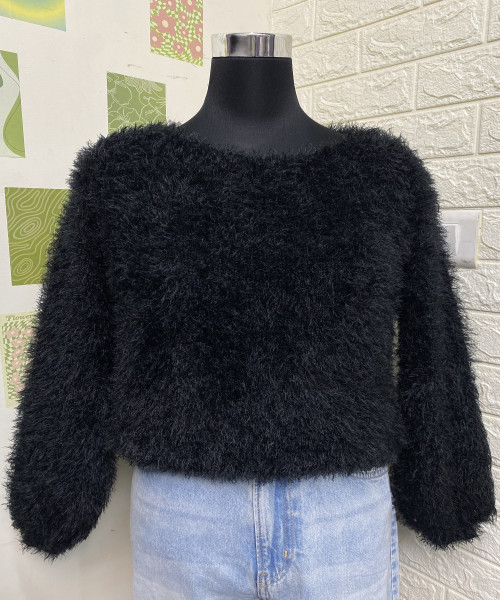 Black  Round Neck Fur Pullover