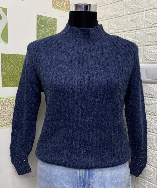 Navy Blue Turtle Neck Knitted Pullover