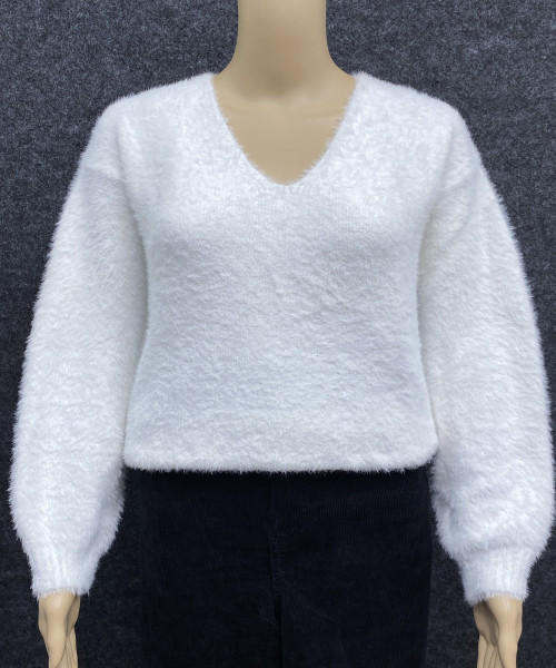 White V Neck  Soft Fur Pullover
