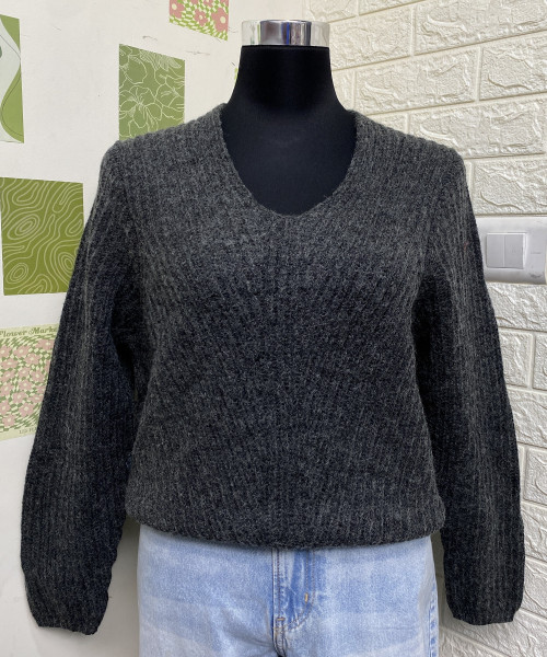Dark Grey V Neck Knitted Pullover
