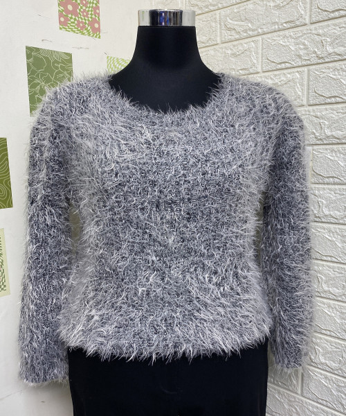 Grey  Round Neck Fur Pullover
