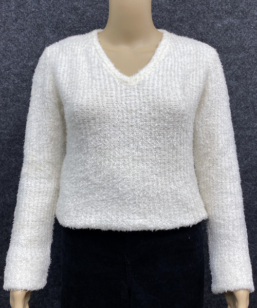 White  V Neck Soft Fur  Pullover