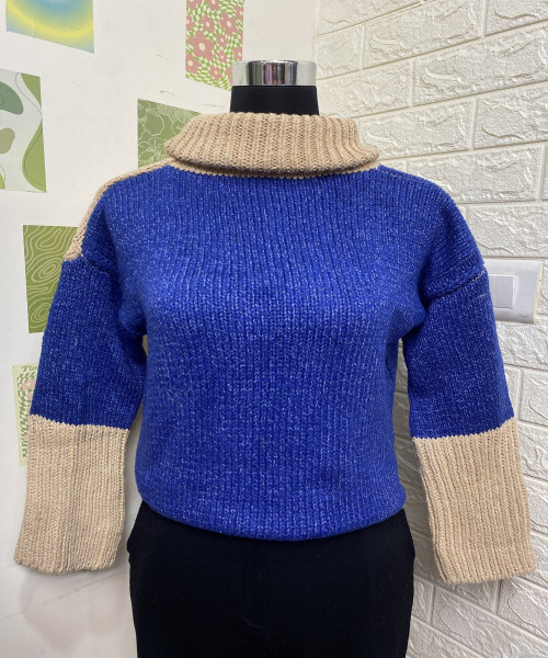 Blue With Off White High Neck Knit Pullover