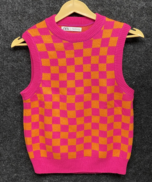 Pink Printed Knitted Sweater Vest