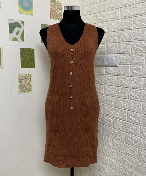 Brown V Neck Knitted Dress