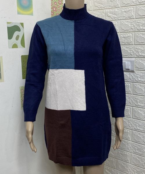 Navy Blue Turtle Neck Winter Dress