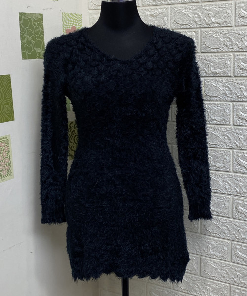 Black  Round  Neck Fur Dress