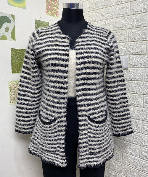White With Black Line Fur Shrug