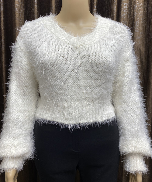 White Round Neck Fur Pullover