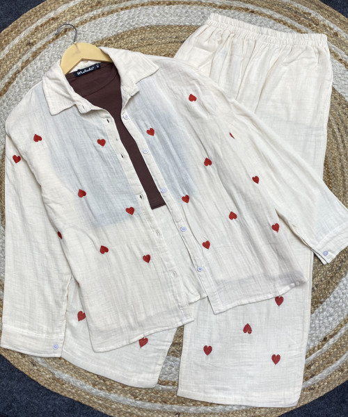 Off White Heart Printed Co Ord Set