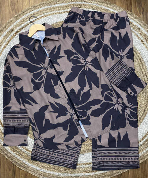 Brown With Black Flower Printed Co Ord Set