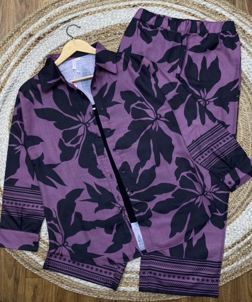 Lilac With Black Flower Printed Co Ord Set