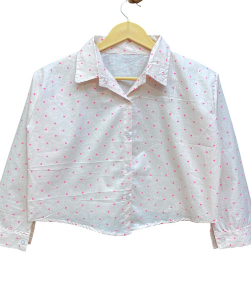 White With Pink Heart Printed Cotton Shirt