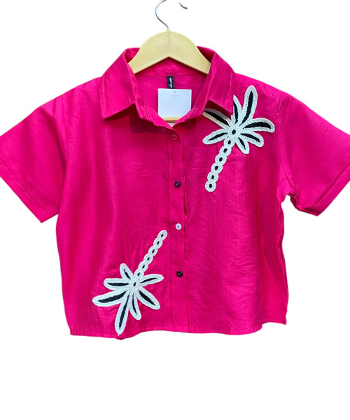 Pink Flower Printed Crop Shirt