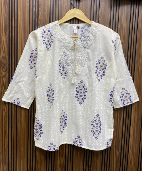 White With Blue Cotton Kurti
