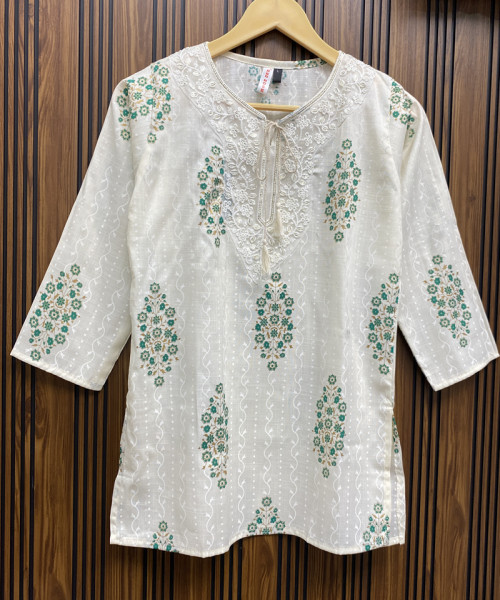 White With Green Cotton Kurti