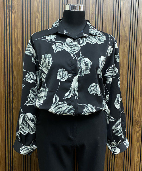Black With White Rose Printed Shirt