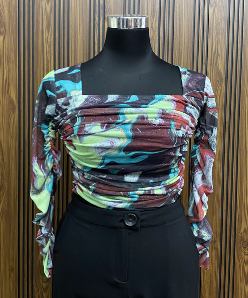 Green With Brown Printed Crop Top