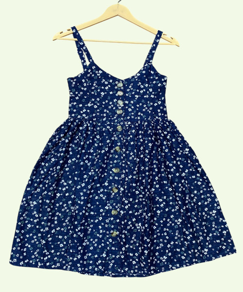 Navy Blue With White Flower Printed Dress