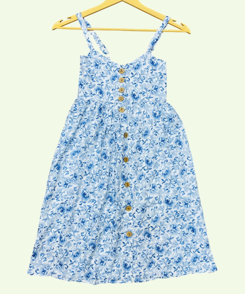 White With Blue Printed Dress