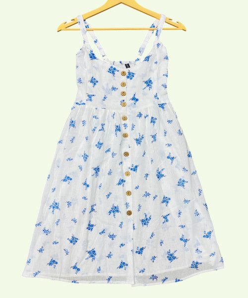 White With Blue Printed Cotton Dress
